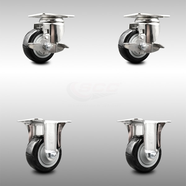Service Caster 3 Inch 316SS Black Polyurethane Swivel Top Plate Caster Brake 2 Rigid SCC, 2PK SCC-SS31620S314-PPUB-BLK-TLB-2-R-2 - main